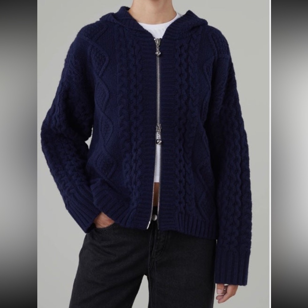 STILL HERE Dakota navy double zip hooded sweater cable- new